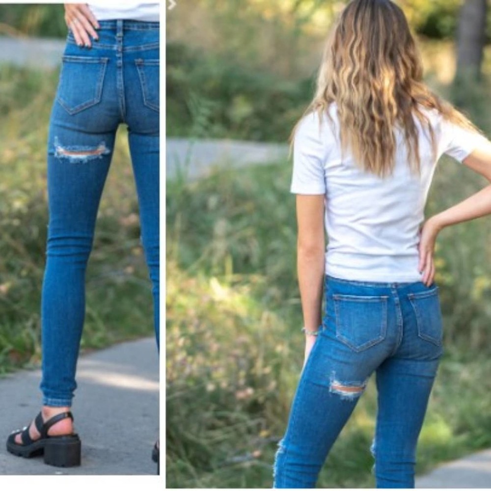 Pretty Little Thing Cheeky Jeans Size 12 Ripped DARK BLUE Bum Mid Wash Skinny‎ - Picture 5 of 6